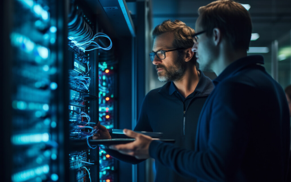 IT technician connecting and troubleshooting hardware components on the back of a server module.