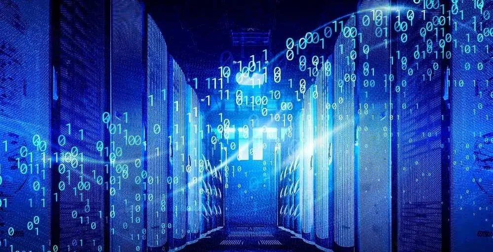 A managed It server farm being lit up by the visualization of data transfer.