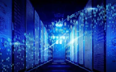 A managed It server farm being lit up by the visualization of data transfer.