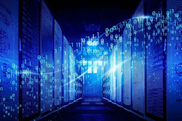 A managed It server farm being lit up by the visualization of data transfer.