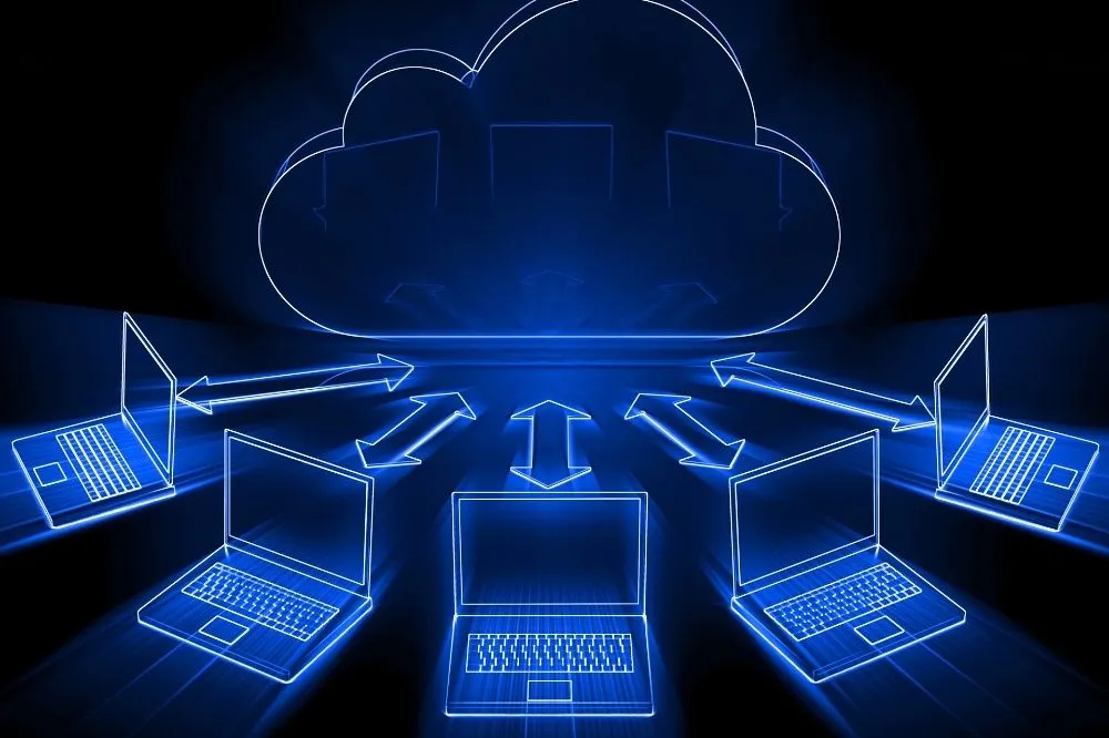 A visualization of the cloud and data from multiple terminals coming into it.