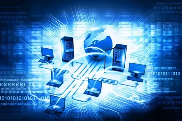Data aggregation visualized with multiple computers pouring data into one.