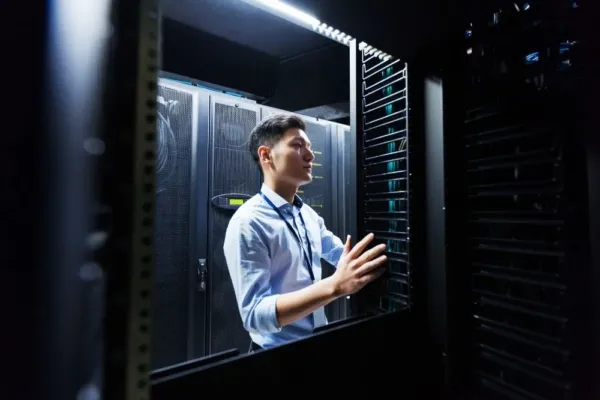 A managed It expert stands at a computer server farm.