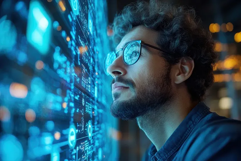 A man looks at managed IT data on a screen