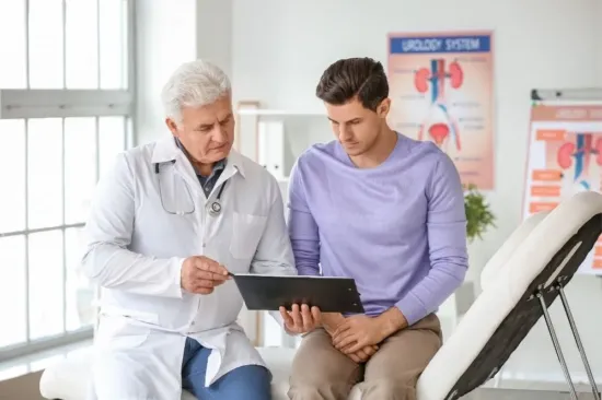A doctor discussing a diagnosis with a patient image.
