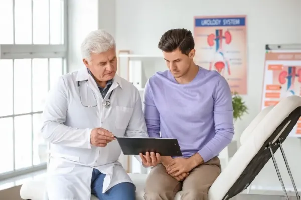 A doctor discussing a diagnosis with a patient image.