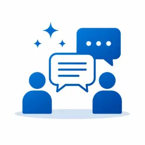 Two blue human silhouettes facing each other with overlapping chat bubbles, symbolizing conversation.