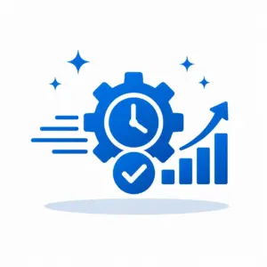 Blue gear with a clock, a checkmark, and an upward-trending bar chart, symbolizing efficiency and time-based performance gains.