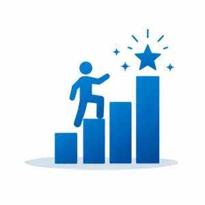 Blue stick figure climbing a rising bar chart toward a star, symbolizing progress and achievement