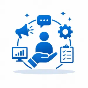Blue graphic of a hand supporting a person surrounded by icons (chat bubble, megaphone, gear, clipboard, monitor) representing support and services.