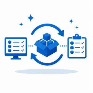 Blue illustration showing data synchronization between a computer monitor on the left and a checklist clipboard on the right, with a central cube and circular arrows connecting them.