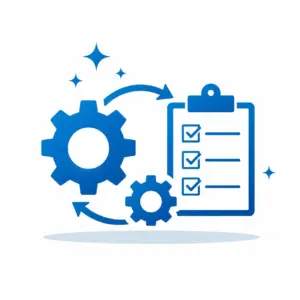 Blue gears turning beside a clipboard with three checked boxes, representing automation and workflow management