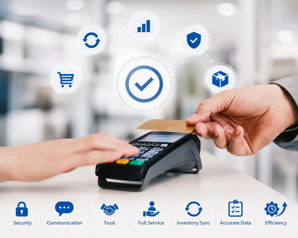 Person swiping a card at a payment terminal with floating icons above, illustrating security, reliability, and efficiency; feature labels shown at bottom such as Security, Communication, Trust, Full Service, Inventory Sync, Accurate Data, Efficiency.