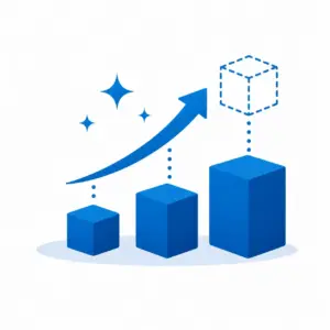 Three blue blocks increasing in height with an upward curved arrow and sparkles, symbolizing growth.