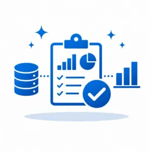 Blue illustration of a data analytics dashboard with a clipboard, charts, checklist, and a check mark icon.