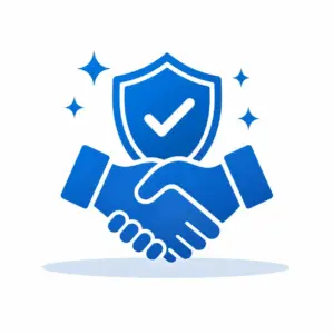Blue icon of two hands shaking with a shield and checkmark, symbolizing trust and security.