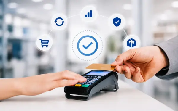 Customer taps a card on a POS terminal, with floating icons for cart, security, analytics, and shipping around it, signaling secure checkout.